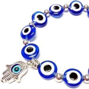 NWOT Blue Beads Evil Eyes Bracelet Hamsa Hand of Fatima Bracelet Glass Charm
